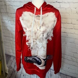 Med Unisex santa hoodie. face becomes Santas head. Beard and belt. Ugly sweater